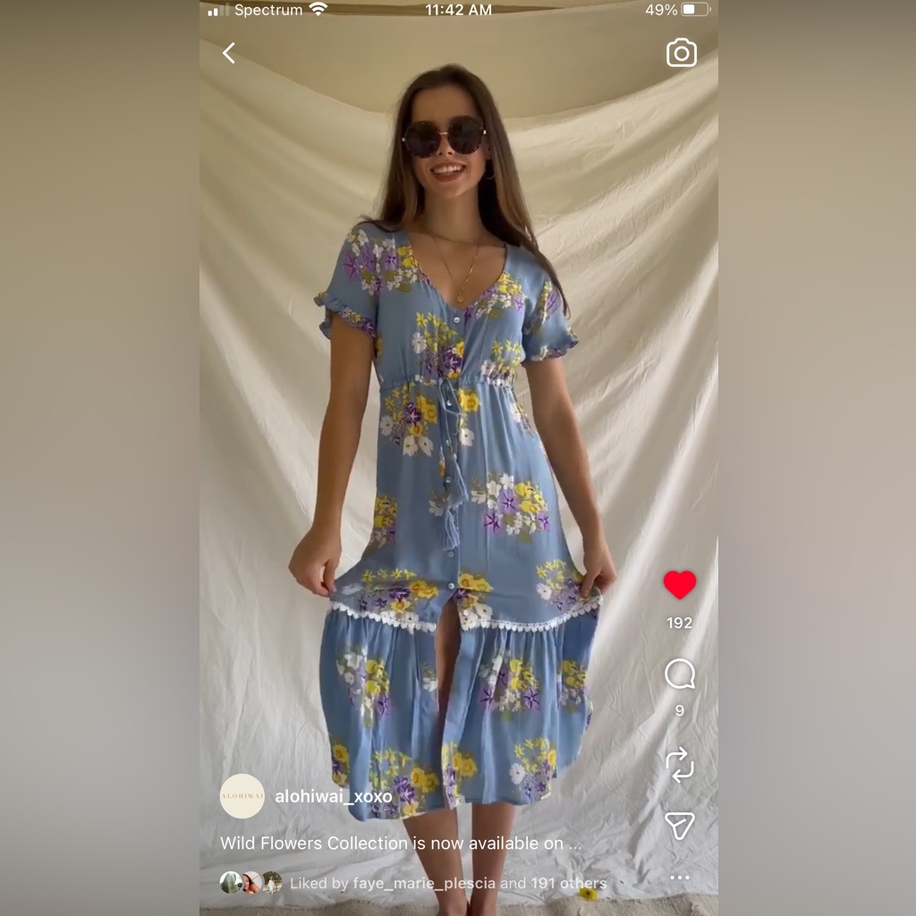 Blue Floral Midi Dress With Yellow & Purple Blooms